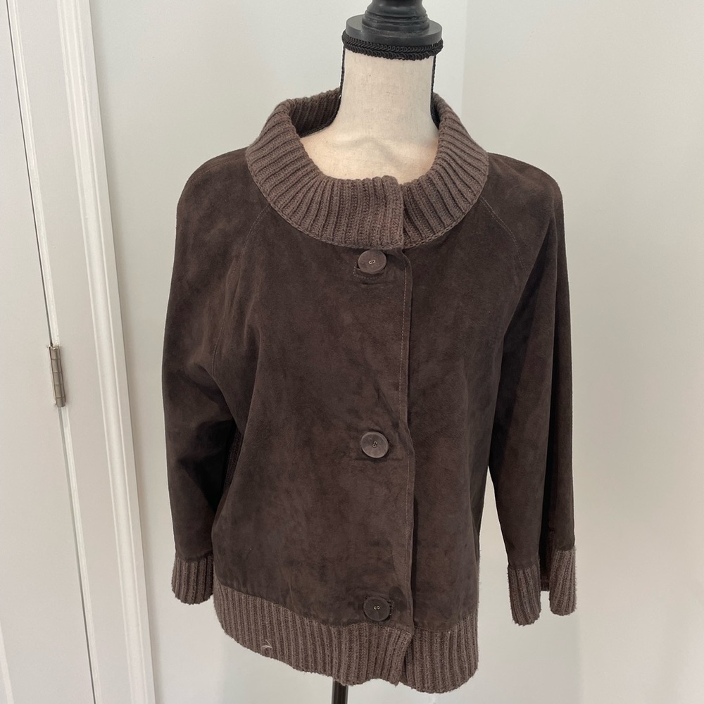 Jones New York Chic Leather and cotton knit trim jacket